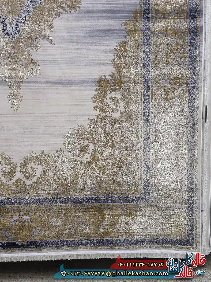 فرش طلاکوب وینتیج 1200 شانه طرح هدیه رنگ کرم صدفی گل برجسته کاشان — تصویر ۲