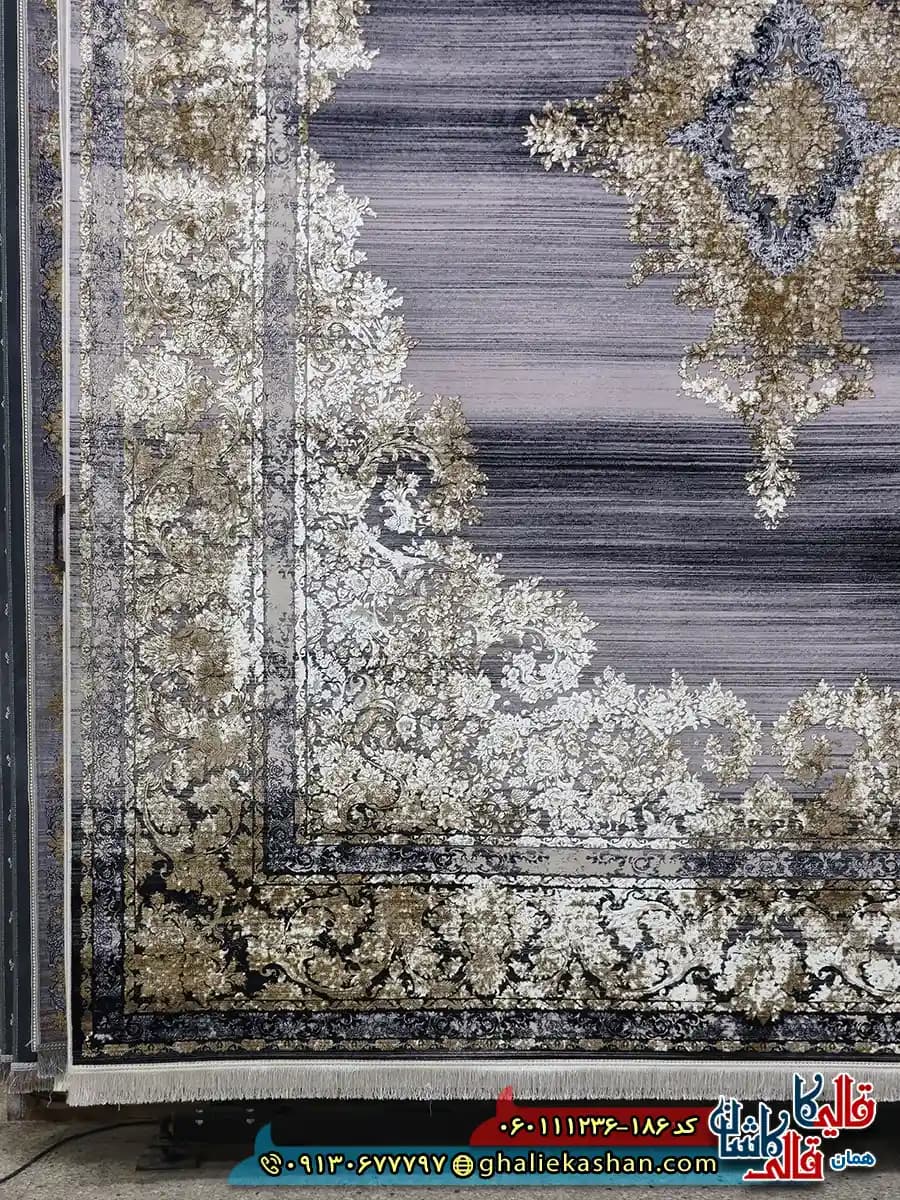 فرش طلاکوب وینتیج 1200 شانه طرح هدیه رنگ طوسی یاسی گل برجسته کاشان — تصویر ۲