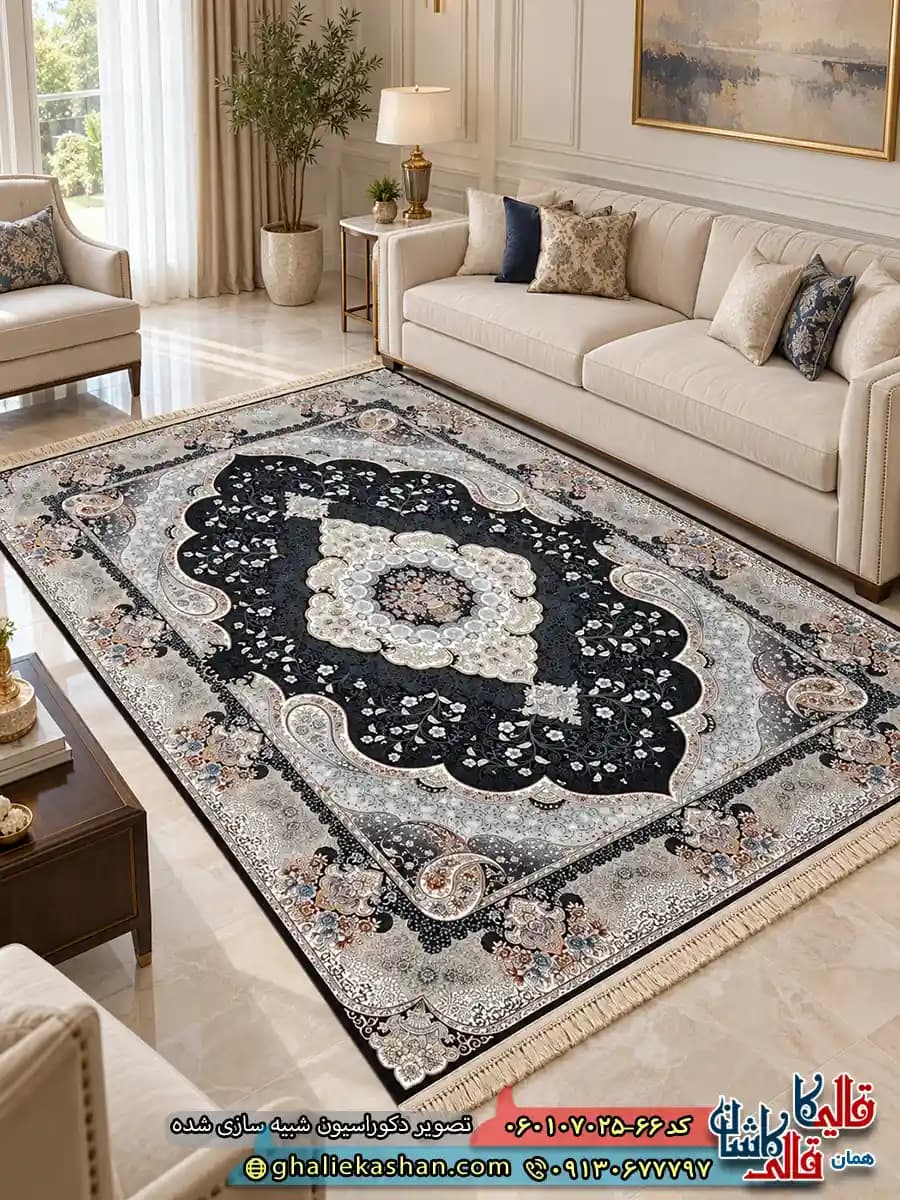 فرش کلاسیک 700 شانه طرح سوگند رنگ سرمه ای کاشان