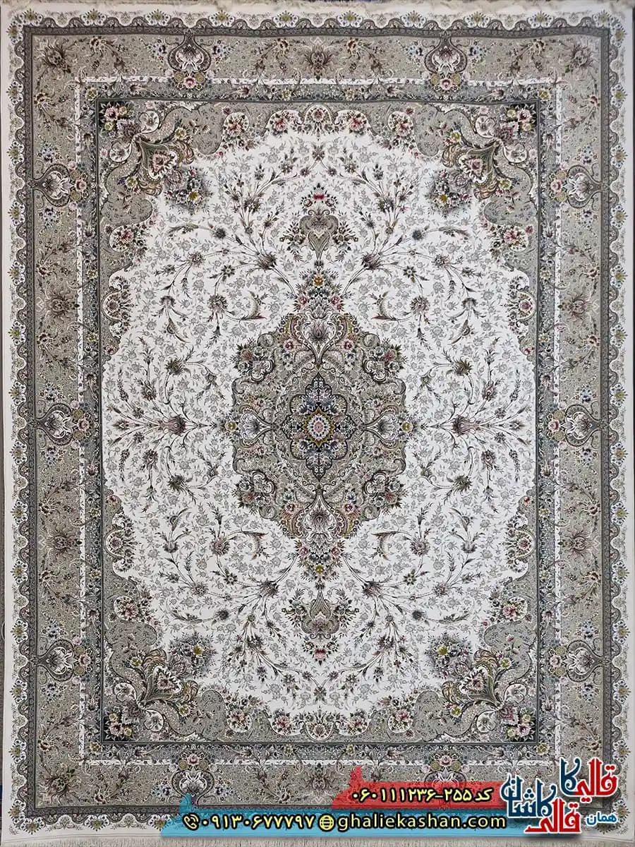 فرش 1200 شانه طرح ویلیام رنگ کرم گل برجسته کاشان