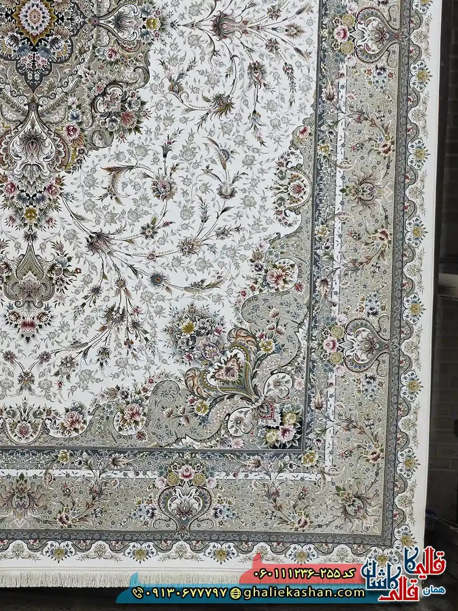 فرش 1200 شانه طرح ویلیام رنگ کرم گل برجسته کاشان — تصویر ۲