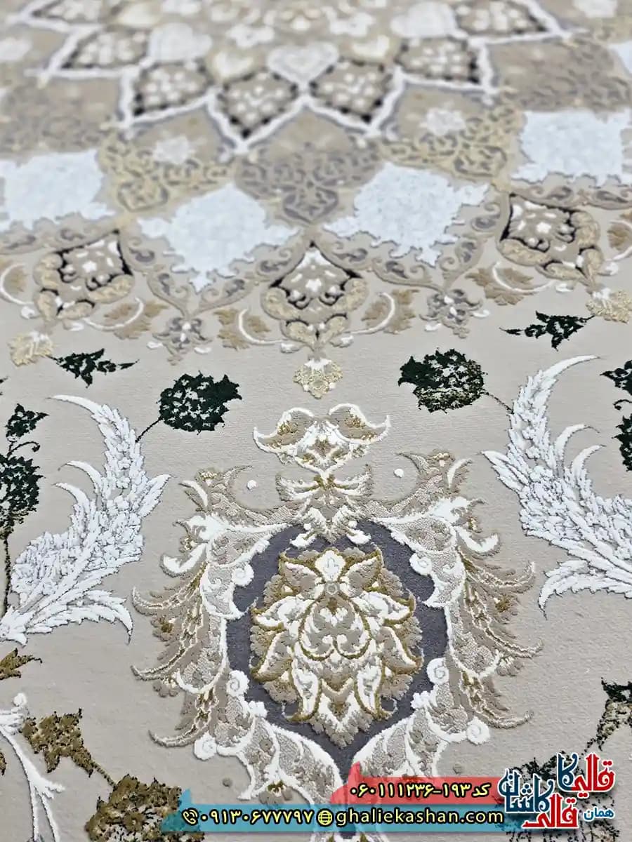 فرش طلاکوب وینتیج 1200 شانه طرح جواهر رنگ قهوه ای نقره ای گل برجسته کاشان — تصویر ۶