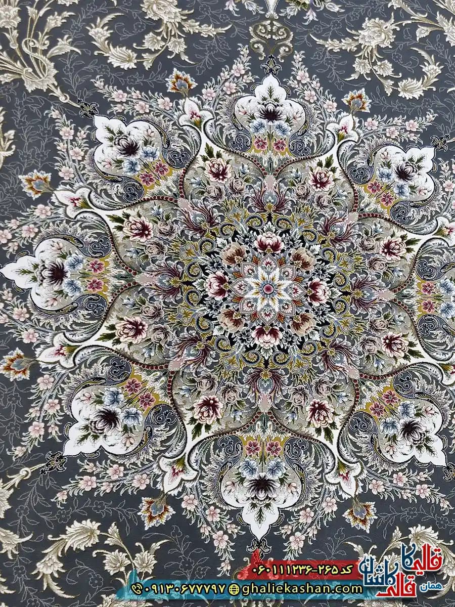 فرش 1200 شانه طرح وانیار رنگ طوسی دودی گل برجسته کاشان — تصویر ۳