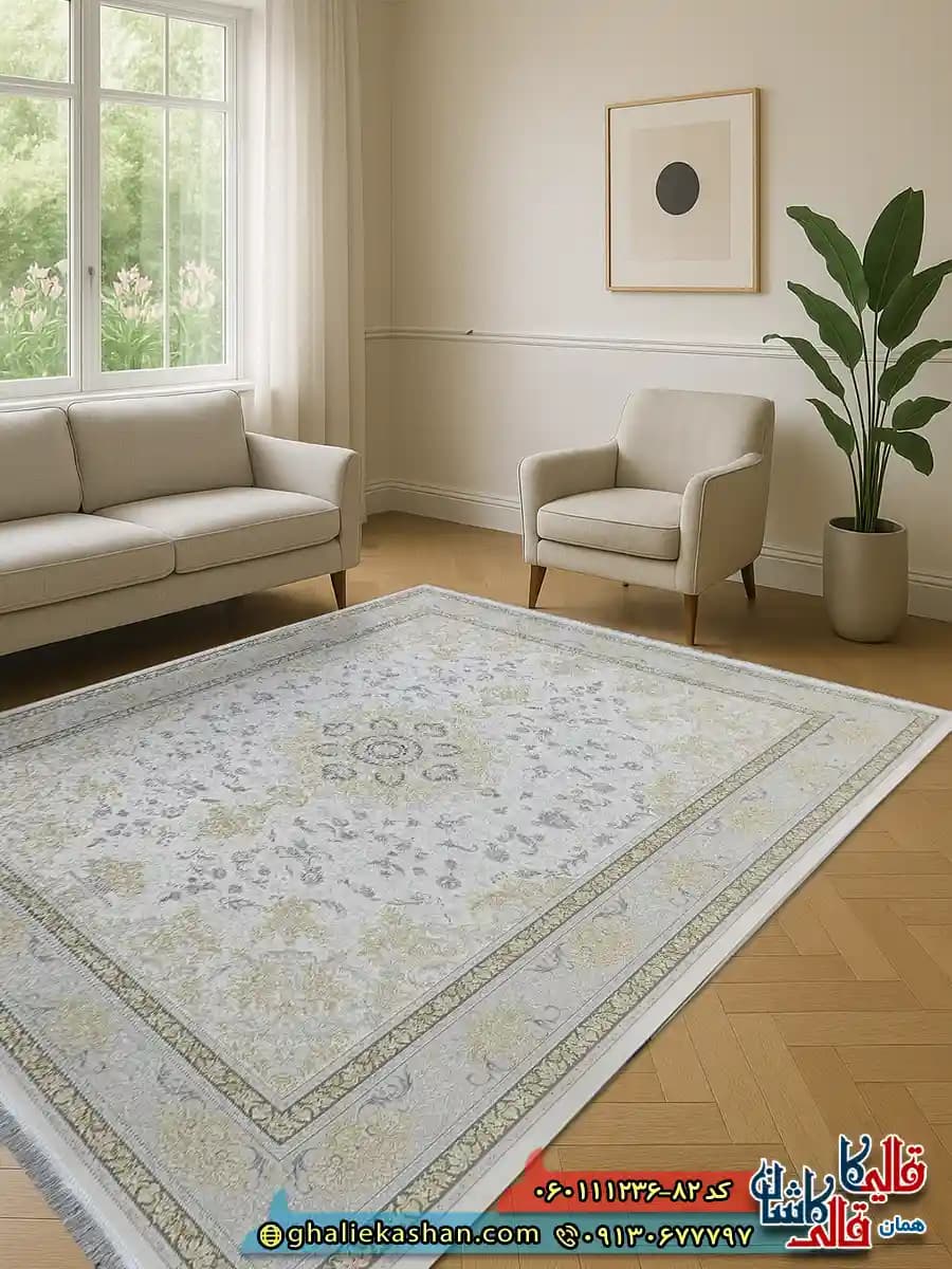 فرش طلاکوب 1200 شانه طرح ترلان رنگ سفید گل برجسته کاشان