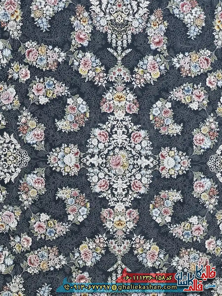 فرش 1200 شانه طرح افشان سیمین رنگ طوسی دودی گل برجسته کاشان — تصویر ۸