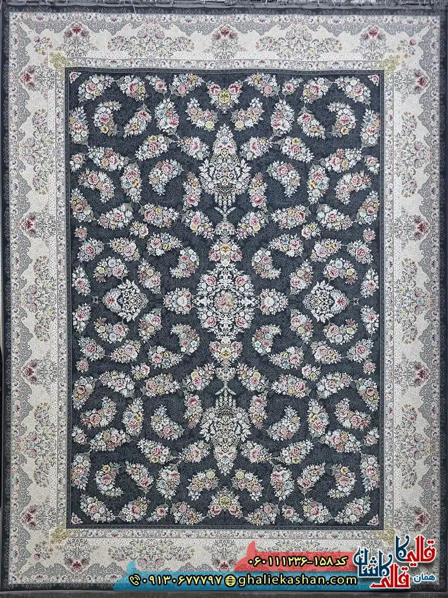 فرش 1200 شانه طرح افشان سیمین رنگ طوسی دودی گل برجسته کاشان — تصویر ۶