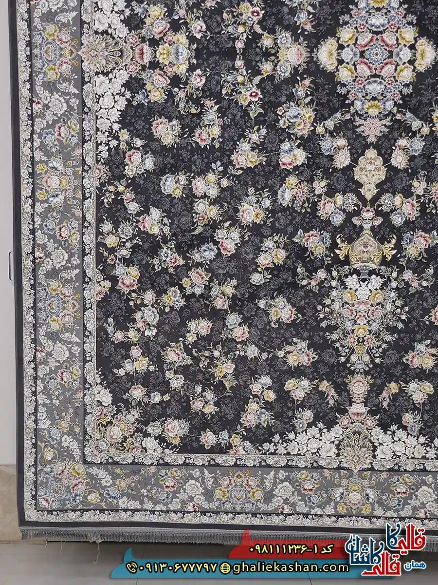 فرش 1200 شانه طرح افشان سیمین رنگ طوسی دودی گل برجسته کاشان — تصویر ۲