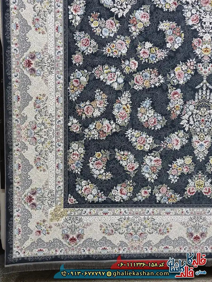 فرش 1200 شانه طرح افشان سیمین رنگ طوسی دودی گل برجسته کاشان — تصویر ۷