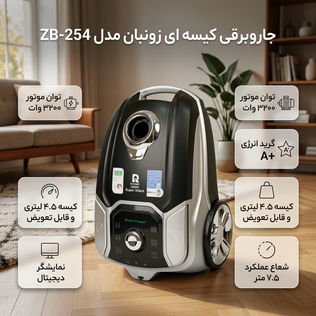 جاروبرقی کیسه ای 3200 وات زومبا مدل ZB-254 با 18 ماه گارانتی — تصویر ۲