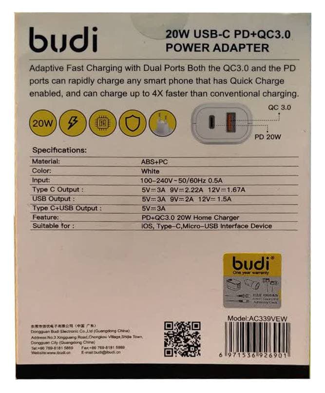 شارژر دیواری 20W بودی PD و QC3.0 و فست با 2 پورت مدل AC339VEW با گارانتی 18 ماهه (6 ماه تعویض) — تصویر ۵