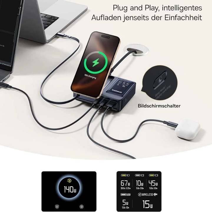 شارژر رومیزی 140 وات باسئوس 5 پورت مدل Baseus Nomos 5in1 Qi2 با 3 خروجی USB-C و 1 خروجی USB و 1 خروجی بی سیم به همراه کابل جمع شونده با گارانتی 24 ماهه شرکتی — تصویر ۵