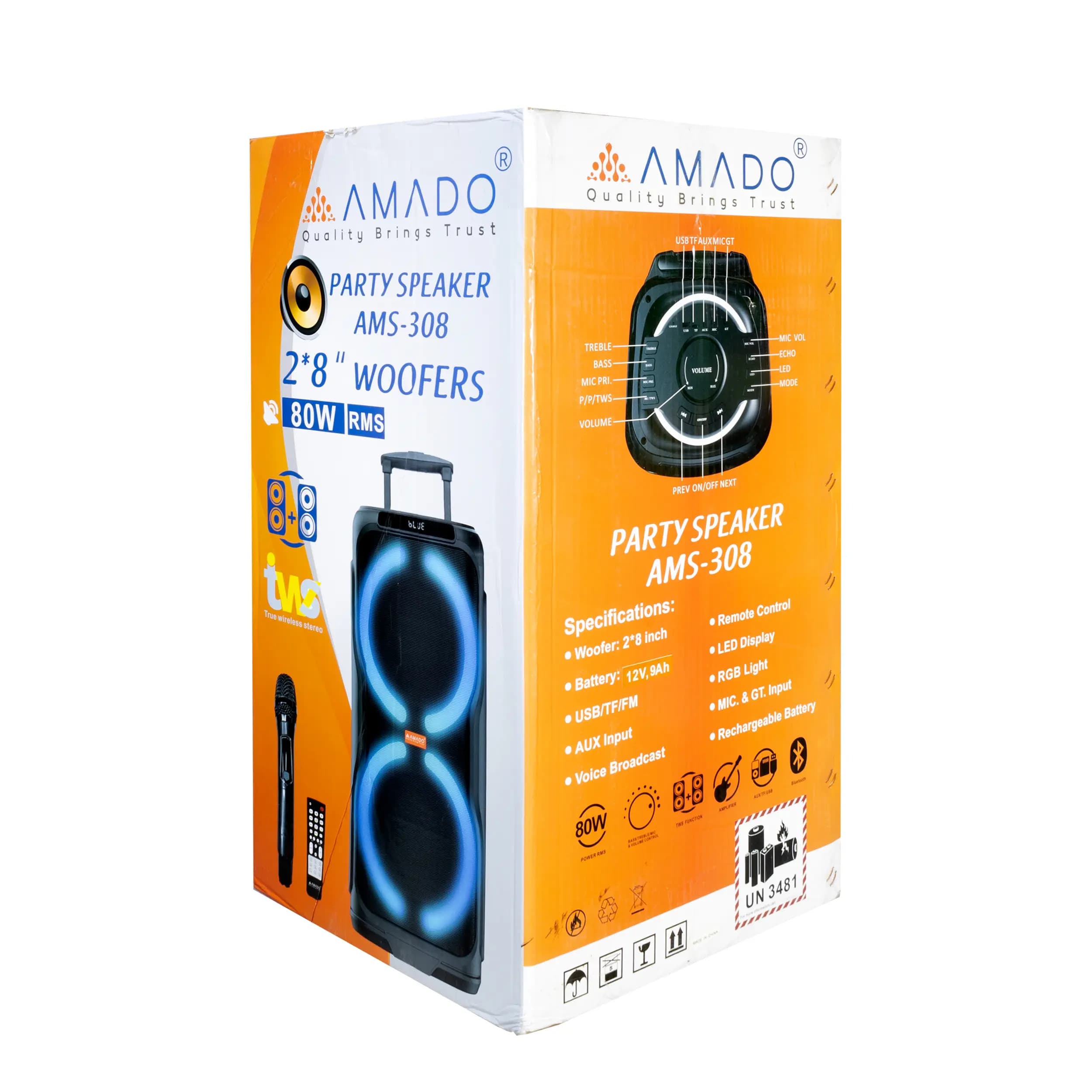 اسپیکر و پارتی باکس 80 واتی آمادو مدل AMADO AMS-308 — تصویر ۸