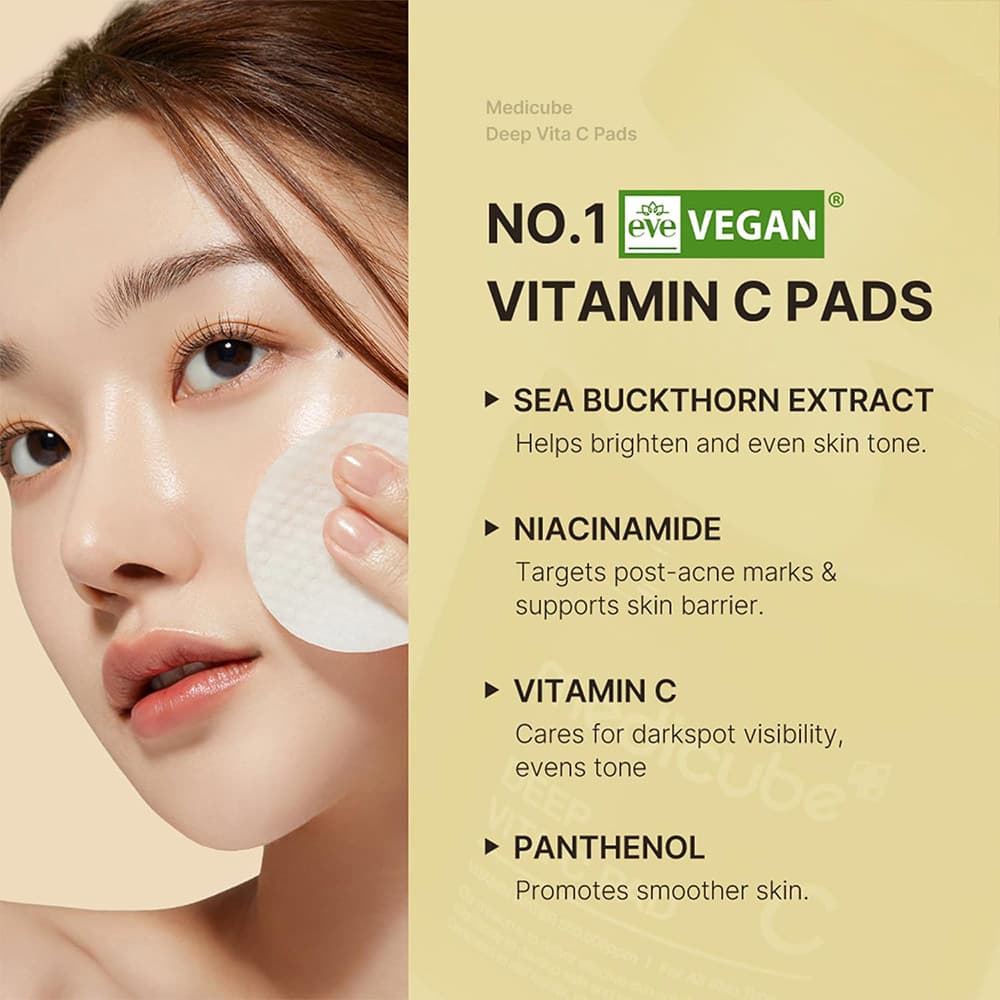 پد روشن کننده و لایه بردار پوست مدیکیوب حاوی ویتامین C و نیاسینامید medicube deep vita c pads مناسب برای انواع پوست حجم 150میلی لیتر — تصویر ۳