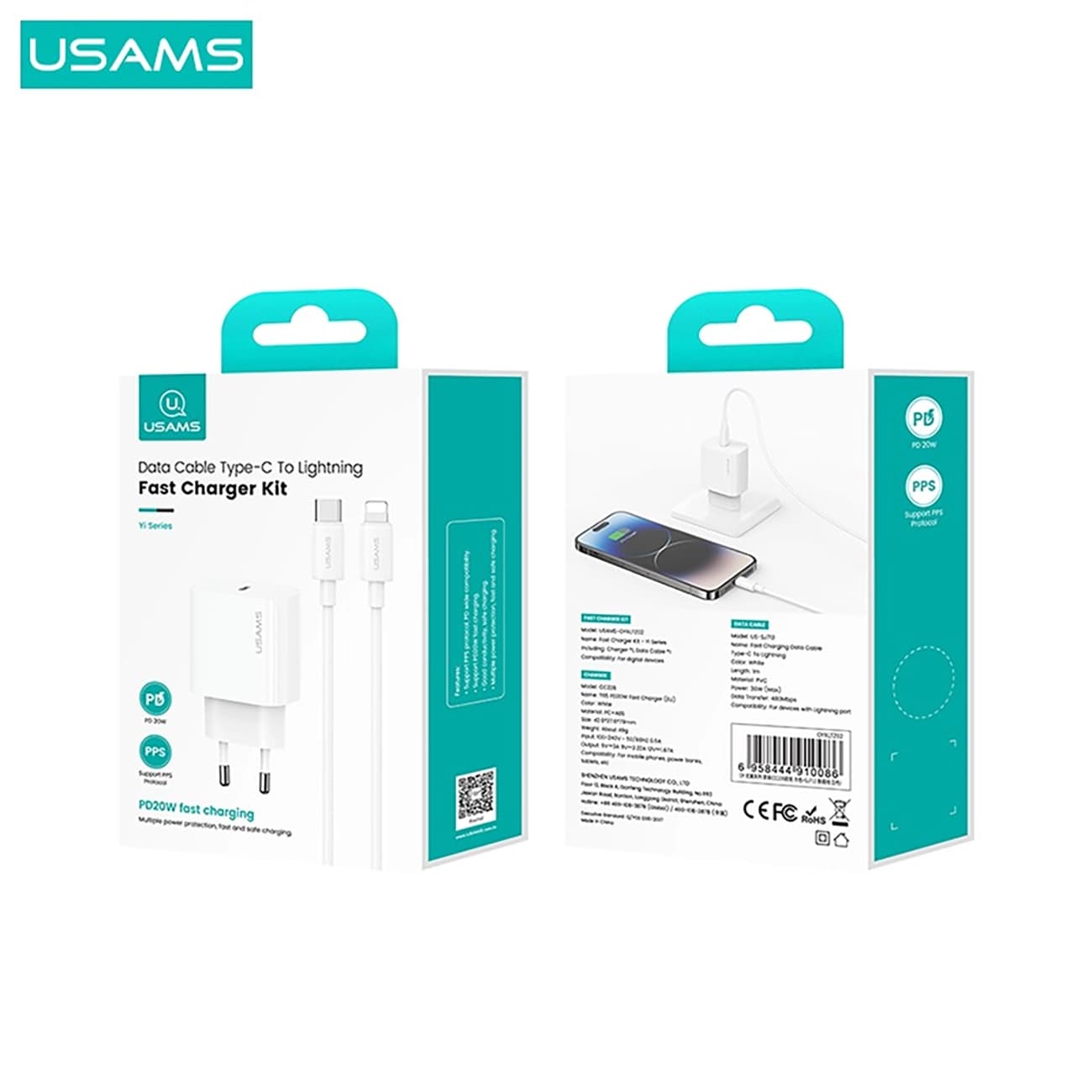 شارژر دیواری 20 وات یوسامز usams مدل CC226 + SJ712 با کابل تایپ سی به لایتنینگ — تصویر ۱۰