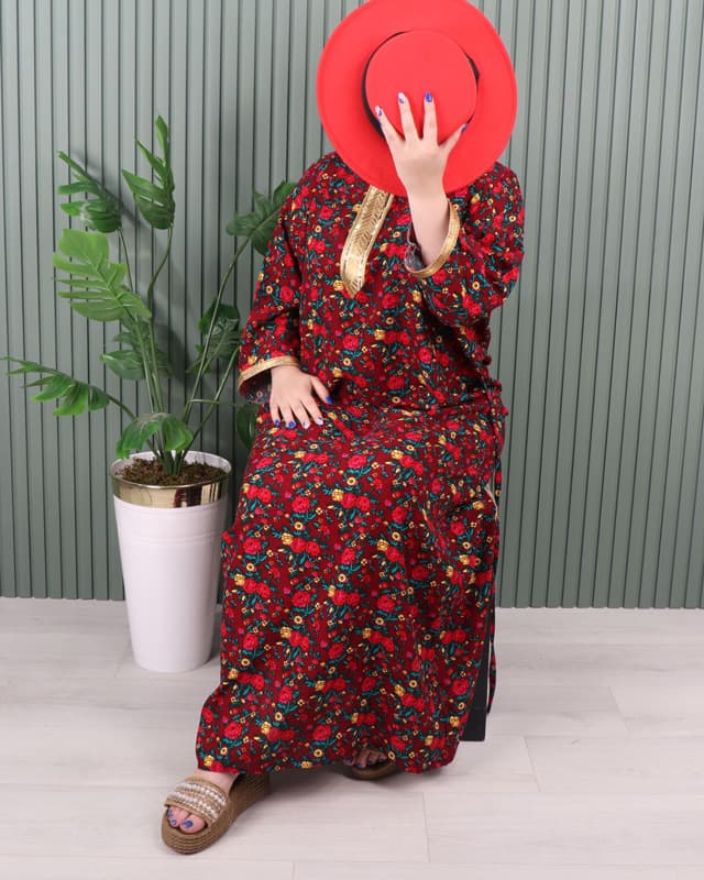 پیراهن نخی گل ریز با طرح کتیبه طلایی# 7047 — تصویر ۶