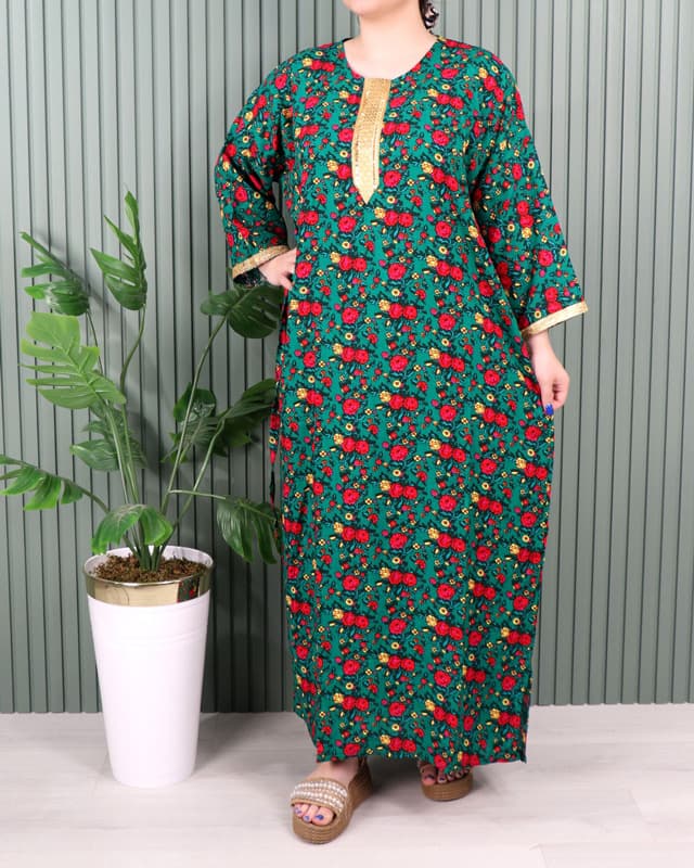 پیراهن نخی گل ریز با طرح کتیبه طلایی# 7047 — تصویر ۲