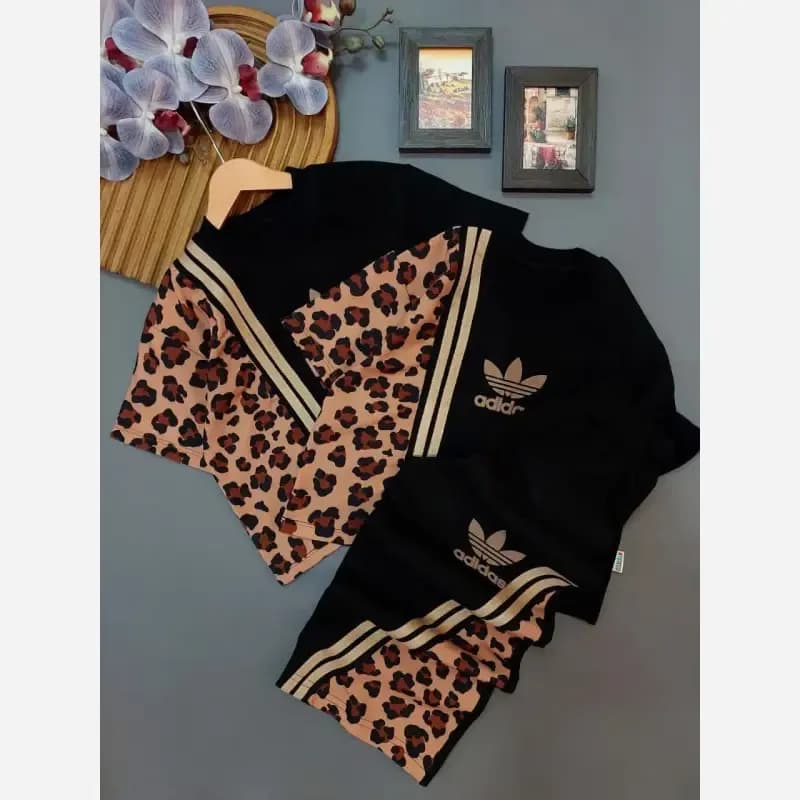 ست کراپ شلوار دخترانه طرح پلنگی آستین کوتاه پنبه بوگاتی سایز 45 تا 60 — تصویر ۵