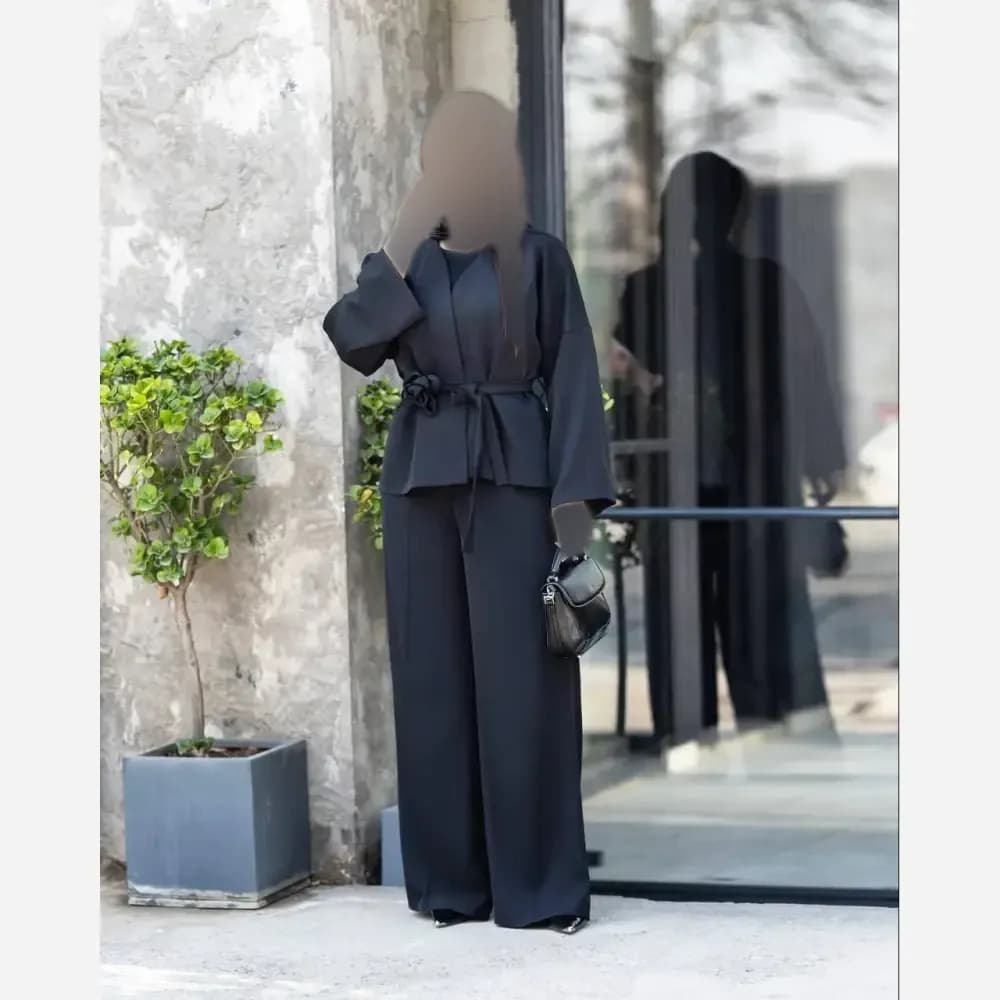 کت و شلوار زنانه مشکی مدل خانم گل جنس کرپ پارکر فیری سایز — تصویر ۲
