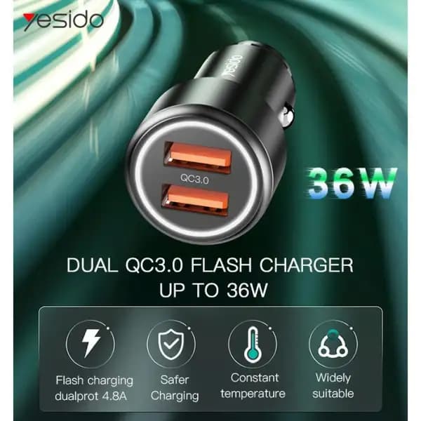 شارژر فندکی 36 وات یسیدو مدل Yesido Y43 | 36W Dual QC 3.0 Super Fast| Dual USB Quick Charging Adapter — تصویر ۲