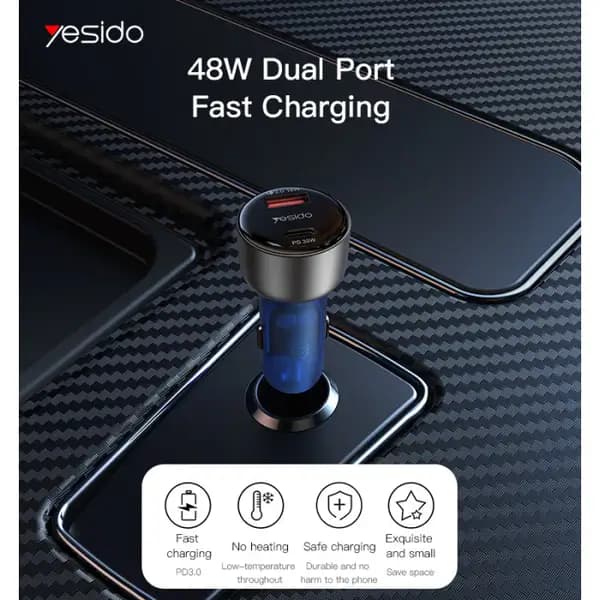 شارژر فندکی 48 وات یسیدو مدل Yesido Y52 Car Charger | PD 30W Type‑C + QC18W USB | Dual‑Port Fast Charging — تصویر ۲