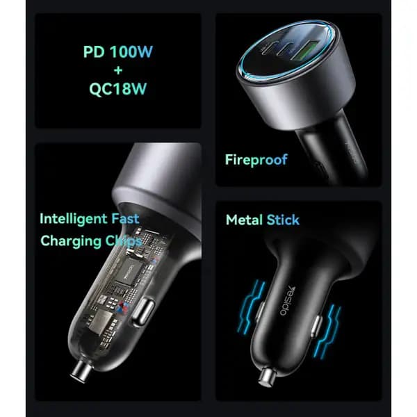 شارژر فندکی 200 وات یسیدو مدل Yesido Y59 Dual Type‑C Ports & QC18W Fast Charging Multi‑Protection — تصویر ۳