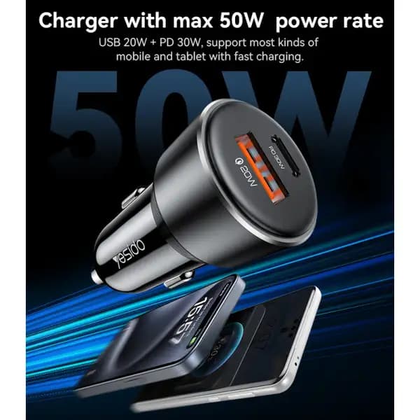 شارژر فندکی یسیدو 50 وات مدل Yesido Y64 Aluminum Alloy Super Fast Charging QC + PD Dual Ports — تصویر ۴