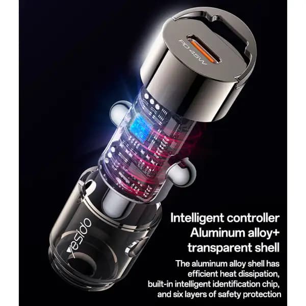 شارژر فندکی شفاف 45 وات یسیدو مدل Y67 Aluminum Alloy Transparent Shell Pull Ring Design PD45W Fast Charging Mini Hidden — تصویر ۴