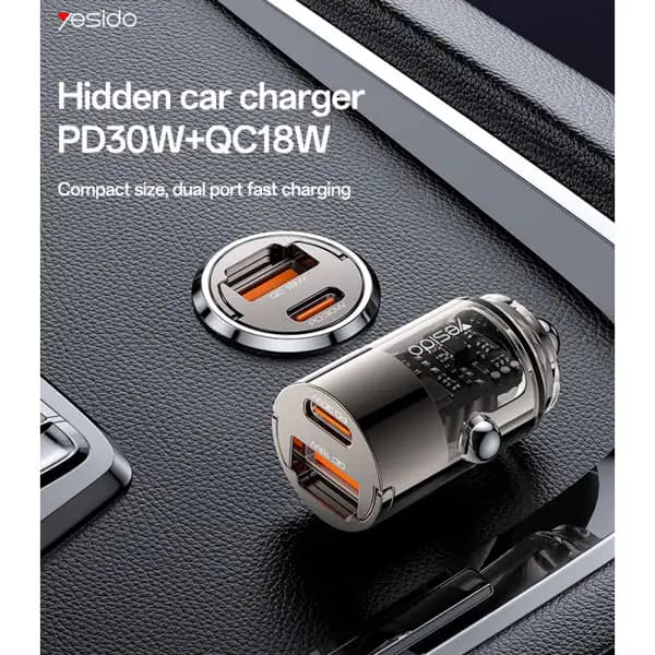 شارژر فندکی شفاف 30 وات یسیدو مدل Yesido Y68 Aluminum Alloy Transparent Shell Pull Ring Design — تصویر ۲