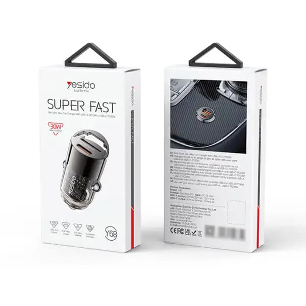 شارژر فندکی شفاف 30 وات یسیدو مدل Yesido Y68 Aluminum Alloy Transparent Shell Pull Ring Design — تصویر ۵