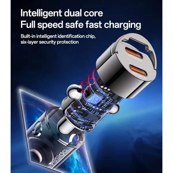 شارژر فندکی شفاف 30 وات یسیدو مدل Yesido Y69 Aluminum Alloy Transparent Shell PD 30W Fast Car Charger — تصویر ۴