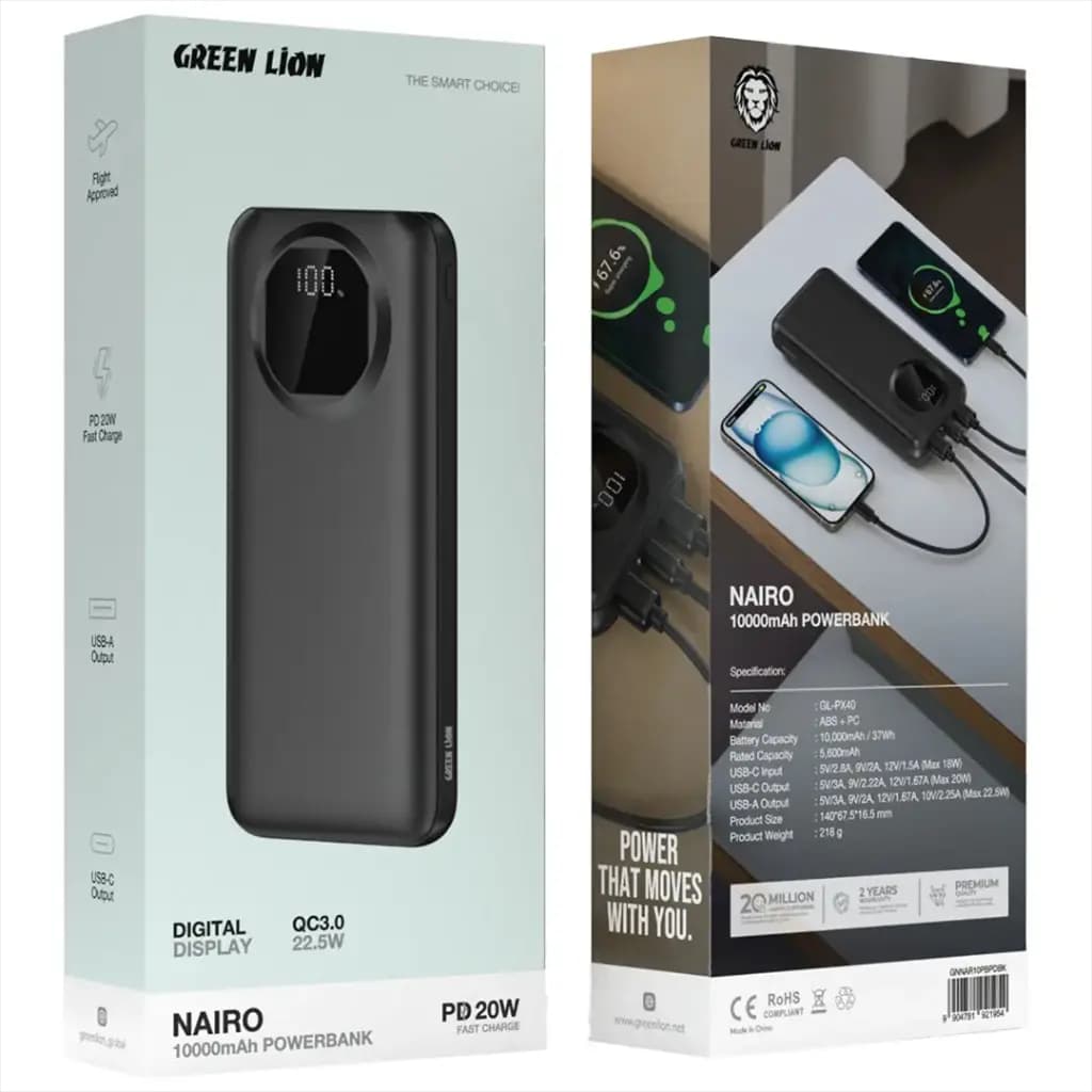 پاوربانک 10000 هزار 20 وات گرین‌ لاین مدل Green Lion Nairo Power Bank PD GNNAR10PBPDBK — تصویر ۳