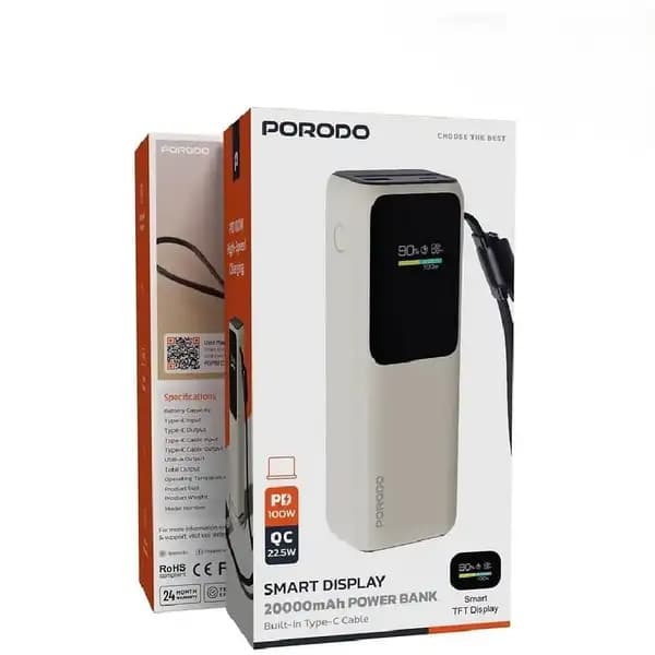 پاوربانک 20000 هزار 100 وات به همراه کابل متصل پرودو مدل Porodo Smart Display 20000mAh Power Bank with Built-In Type-C Cable — تصویر ۳