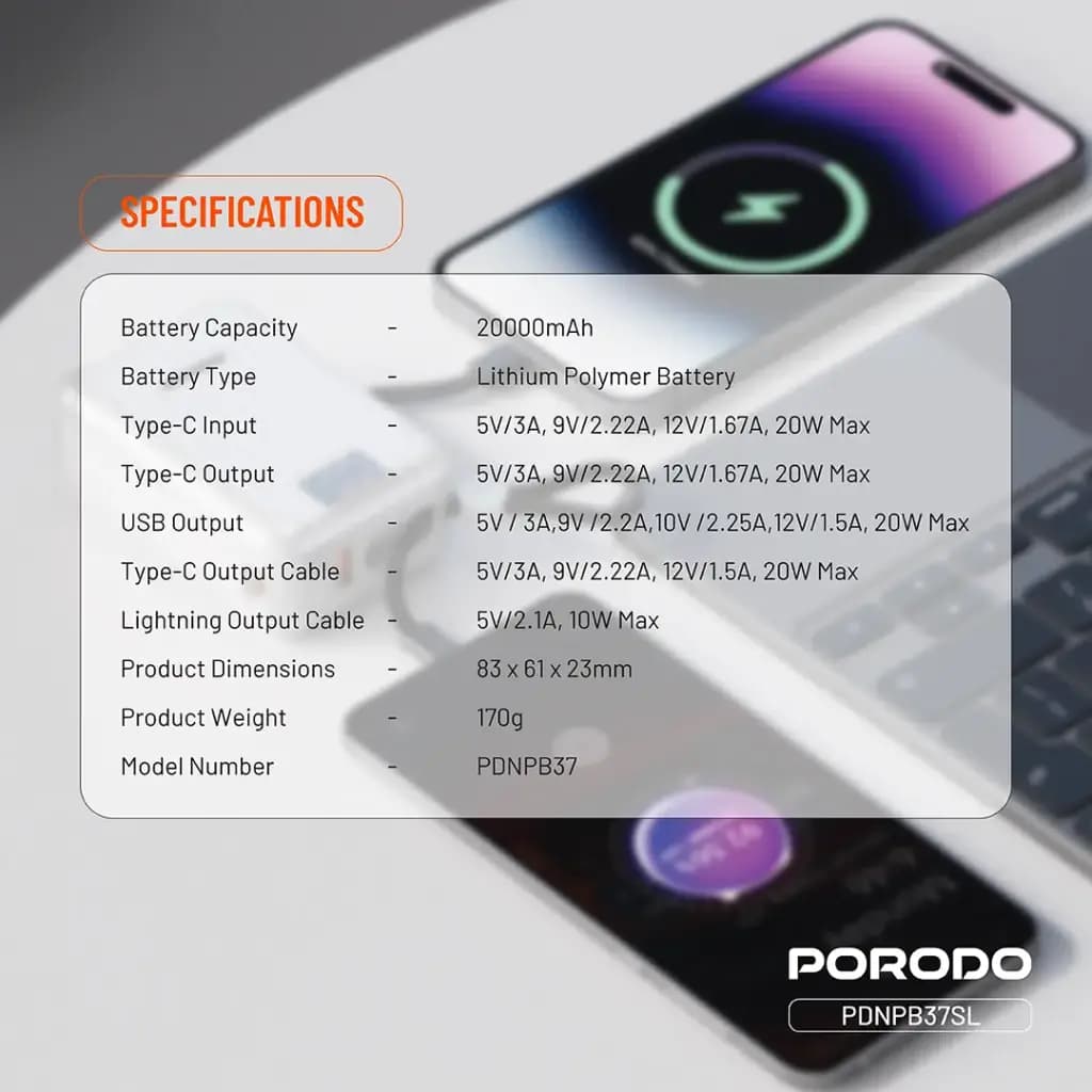 پاوربانک 20000 هزار 20 وات پرودو مدل PORODO PETITE 20000mah PD 20W DISPLAY — تصویر ۵