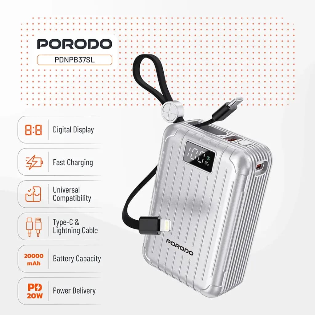 پاوربانک 20000 هزار 20 وات پرودو مدل PORODO PETITE 20000mah PD 20W DISPLAY — تصویر ۴