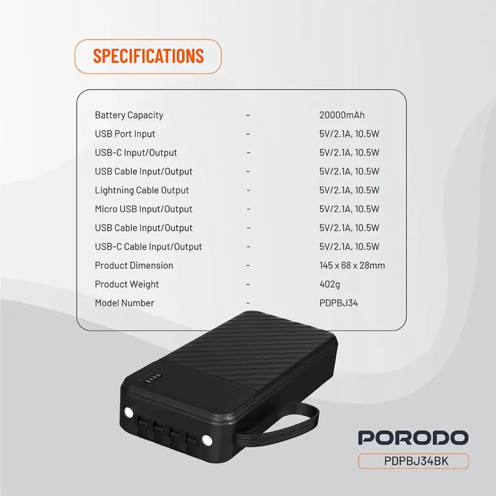 پاوربانک 20000 هزار 10 وات پیانو پرودو مدل Porodo Piano 20000mAh 10w PDPBJ34BK — تصویر ۸