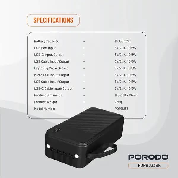 پاوربانک 10000 هزار 10 وات پیانو پرودو مدل Porodo Piano 10000mAh 10w PDPBJ33BK — تصویر ۶