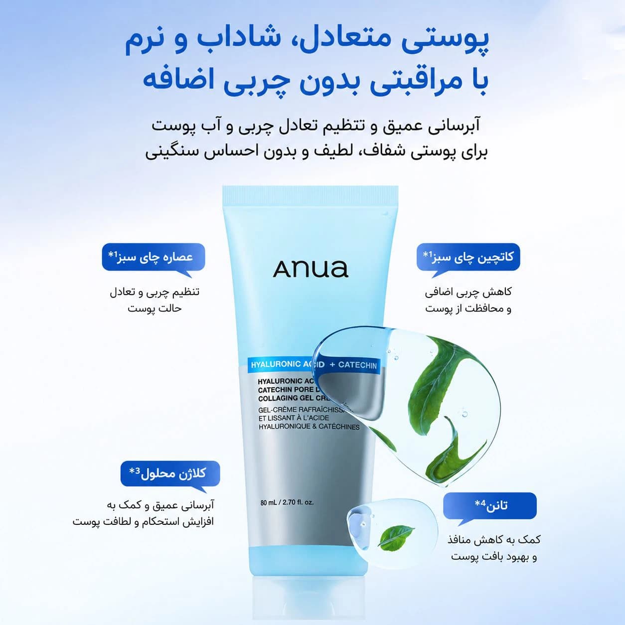 ژل کرم خنک کننده و کنترل منافذ کاتچین و هیالورونیک اسید آنوا — تصویر ۶
