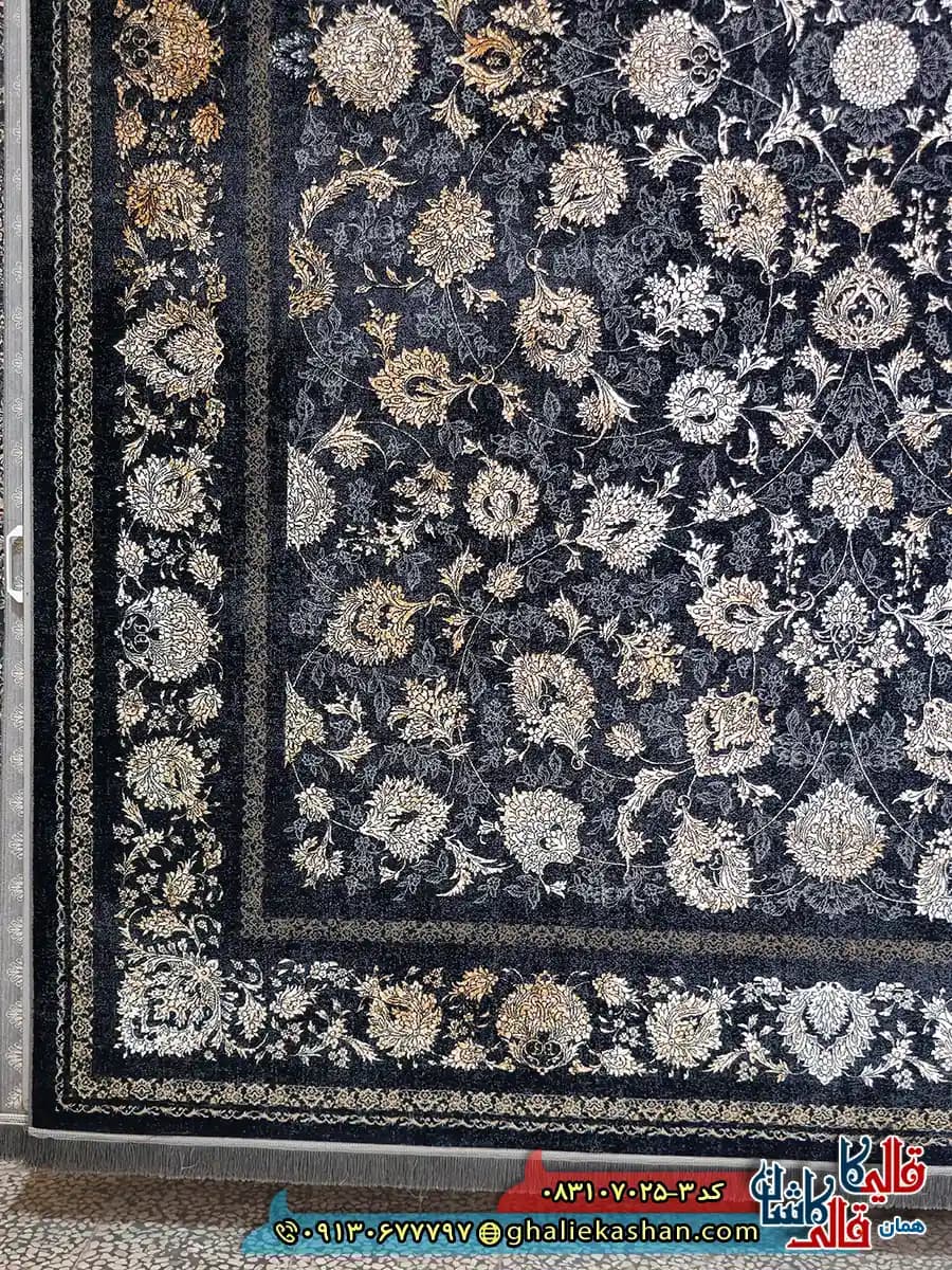 فرش وینتیج 700 شانه طرح افشان آرمان شاه عباسی رنگ سرمه ای کاشان — تصویر ۲