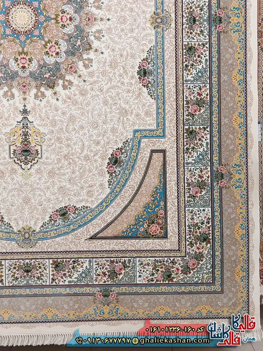 فرش 1200 شانه طرح طاق بستان رنگ کرم کاشان — تصویر ۳