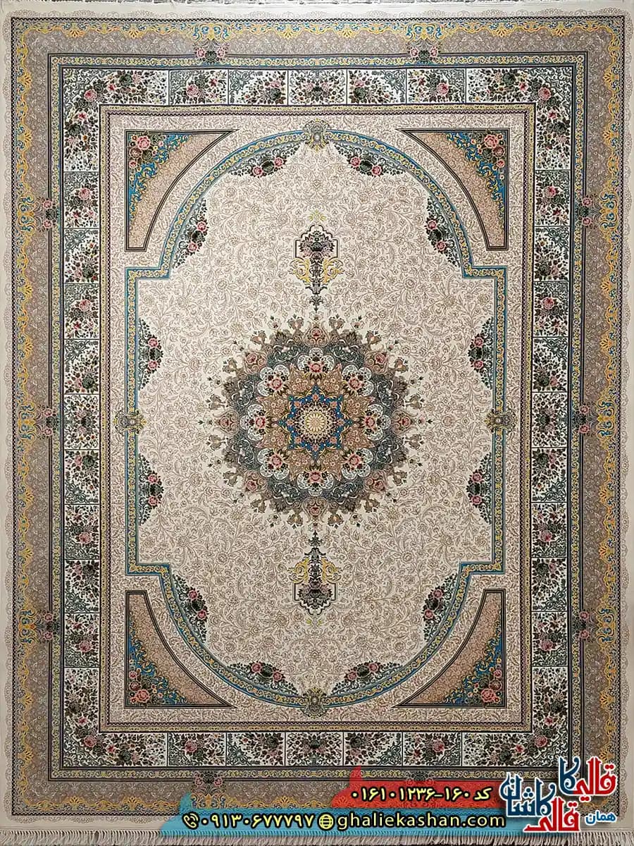 فرش 1200 شانه طرح طاق بستان رنگ کرم کاشان — تصویر ۲