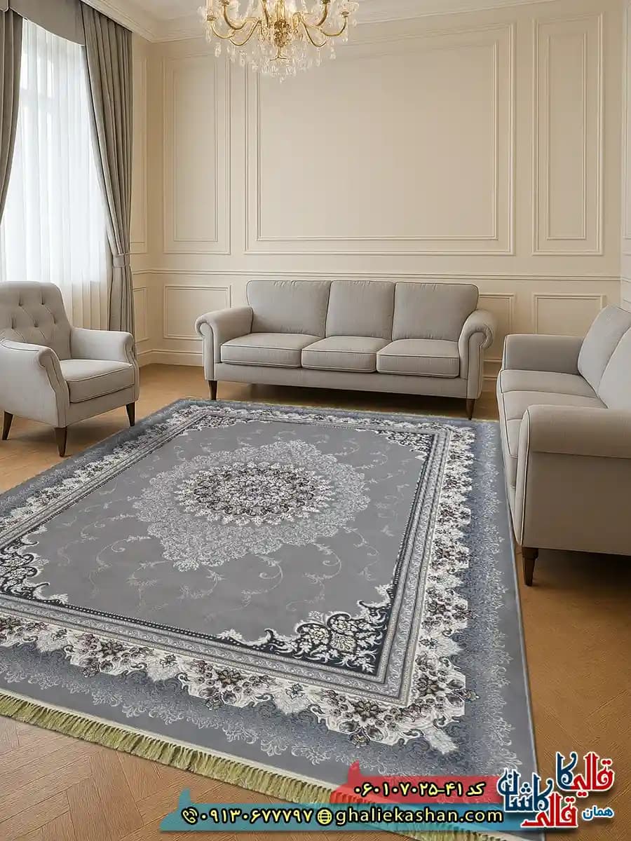 فرش 700 شانه طرح دلاریس رنگ طوسی نقره ای کاشان