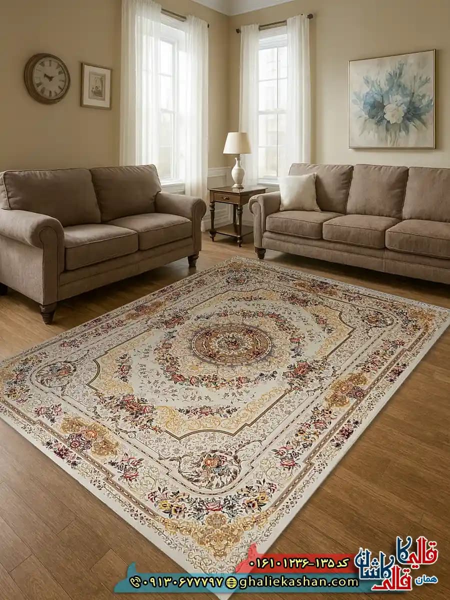 فرش 1200 شانه طرح شانار رنگ کرم کاشان
