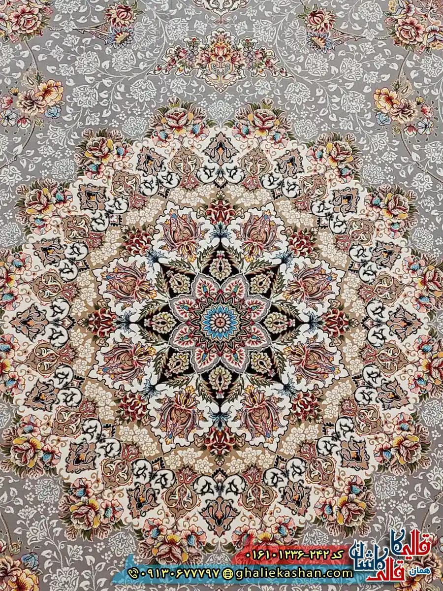 فرش 1200 شانه طرح هما رنگ طوسی نقره ای کاشان — تصویر ۴