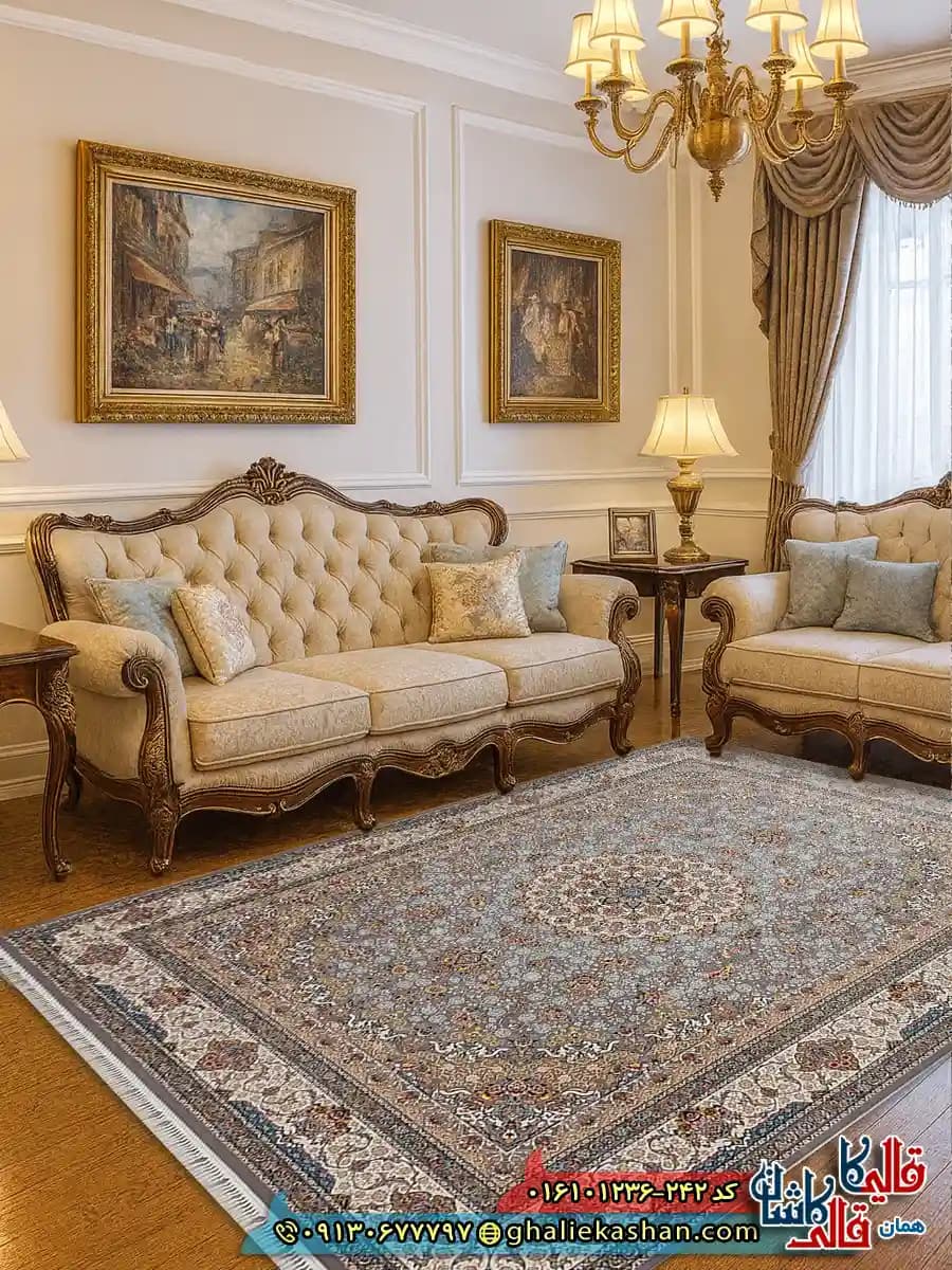 فرش 1200 شانه طرح هما رنگ طوسی نقره ای کاشان