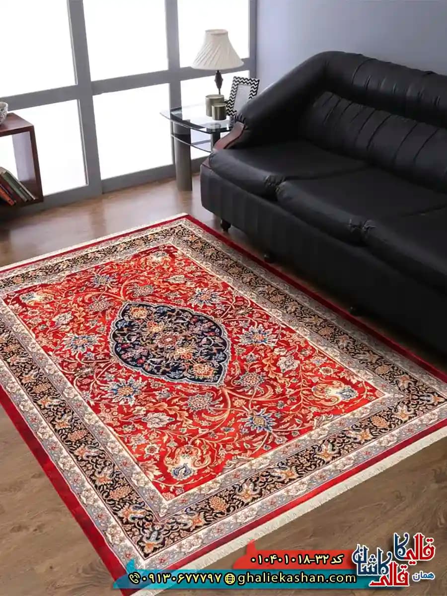 فرش سنتی 1000 شانه طرح آهو ترنج کرمان زمینه قرمز کاشان