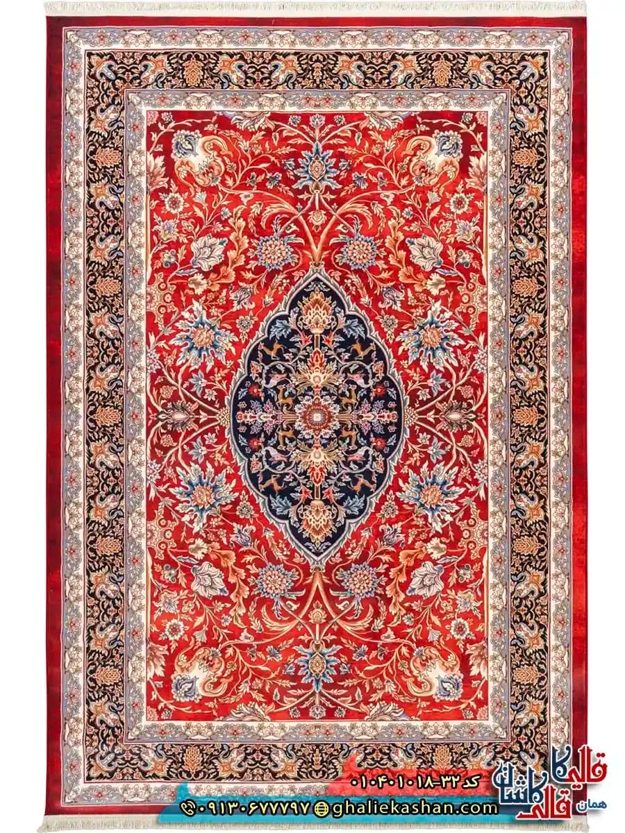 فرش سنتی 1000 شانه طرح آهو ترنج کرمان زمینه قرمز کاشان — تصویر ۲