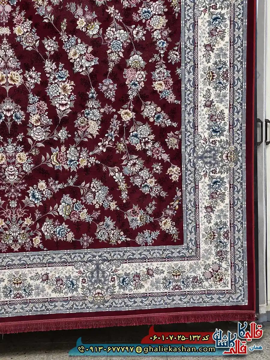 فرش 700 شانه طرح افشان ژینوس رنگ قرمز روناسی حاشیه کرم کاشان — تصویر ۳