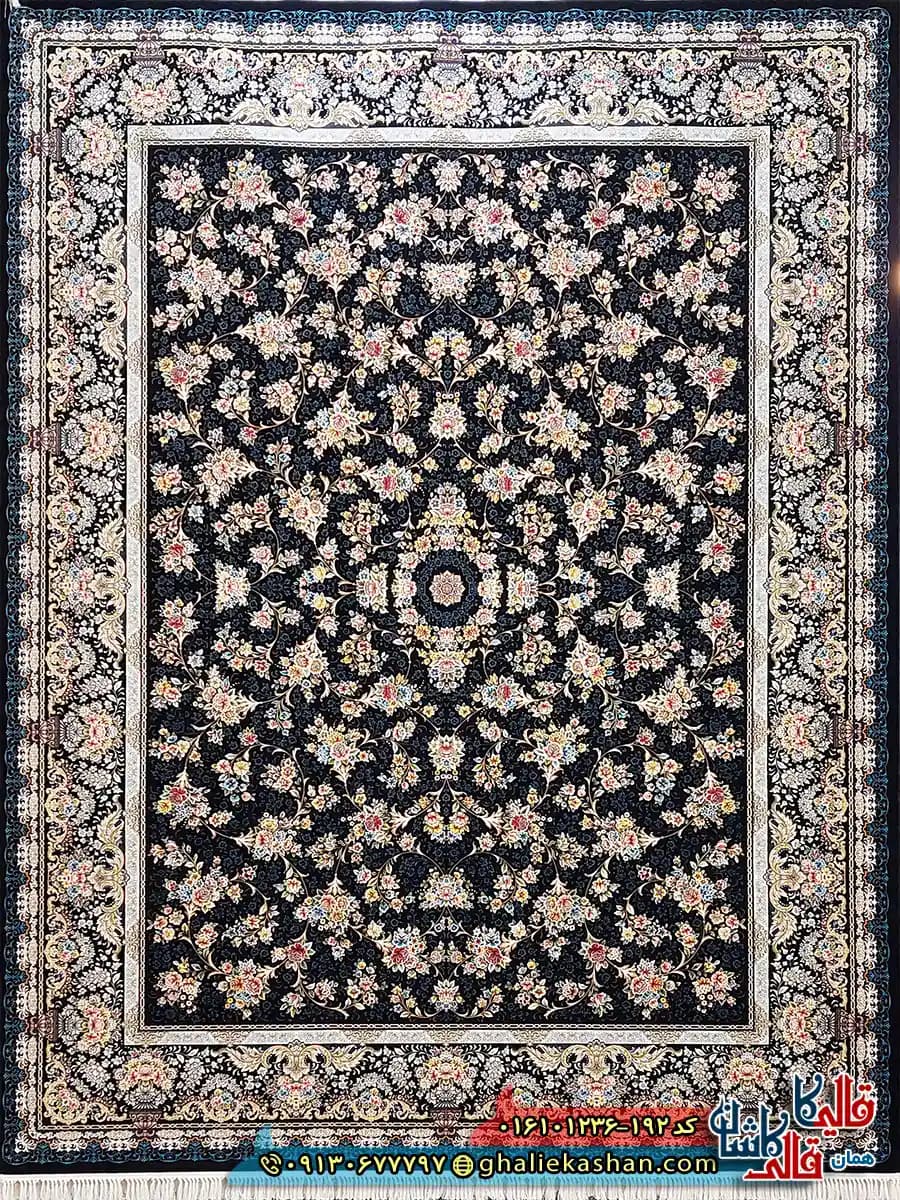 فرش 1200 شانه طرح افشان لی لی رز رنگ سرمه ای کاشان — تصویر ۲