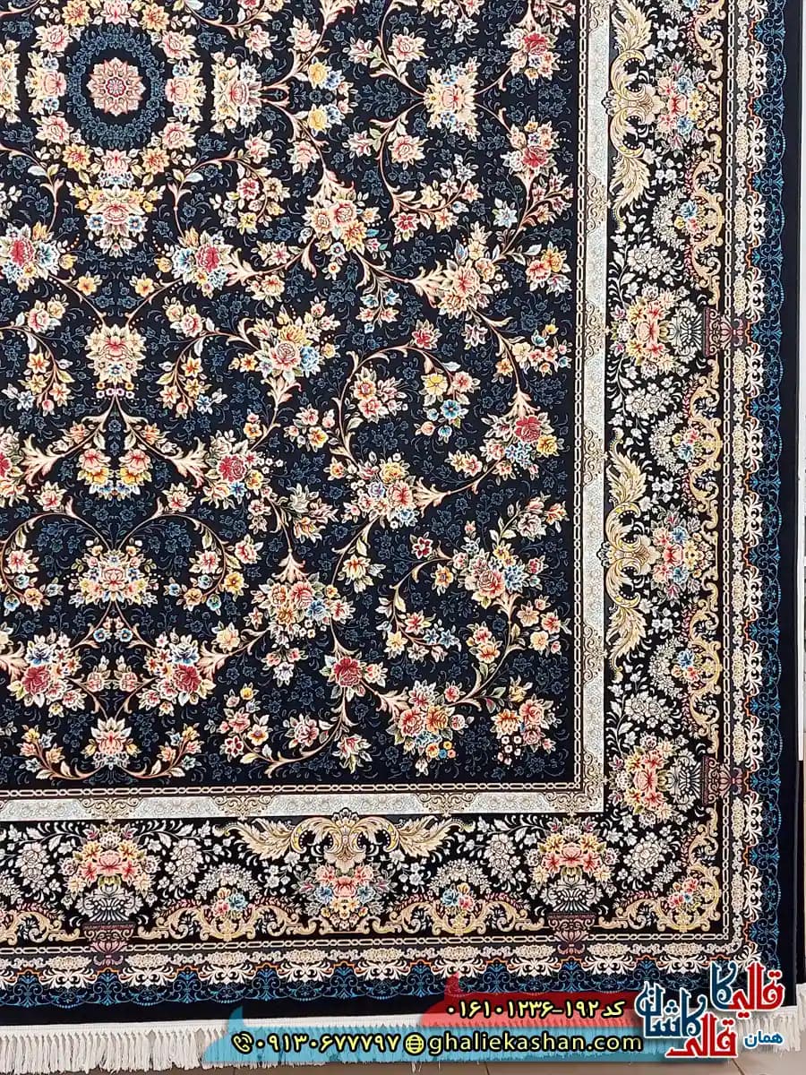 فرش 1200 شانه طرح افشان لی لی رز رنگ سرمه ای کاشان — تصویر ۳