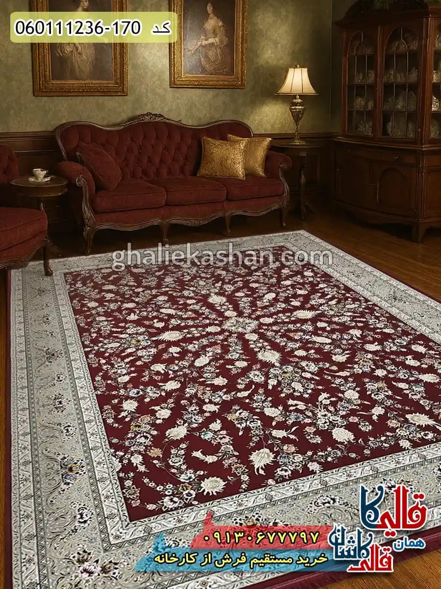 فرش 1200 شانه طرح افشان سینان زمینه قرمز لاکی گل برجسته کاشان